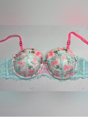 La Vie en Rose Pink Floral Aqua Lace Balconette Strapless Bra 36DD NWOT *P1062